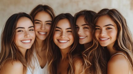 Smiling women friends, beach background, summer fun, friendship portrait