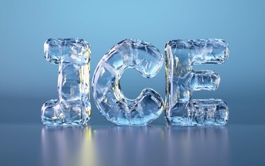of the word ICE sculpted from frozen crystal-clear ice blocks