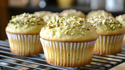 Pistachio muffins with a moist crumb, topped with crushed pistachios for a nutty and crunchy finish.