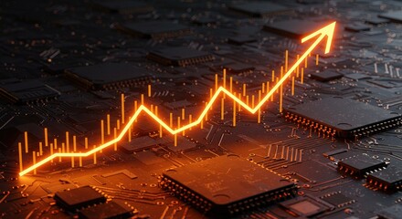 A vibrant, 3D rendering showcases a glowing orange line graph ascending on a complex circuit board
