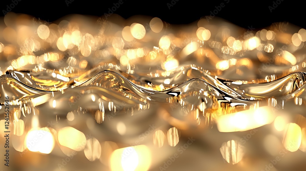 Poster glowing golden bokeh lights with frozen water droplets creating magical winter atmosphere, macro clo