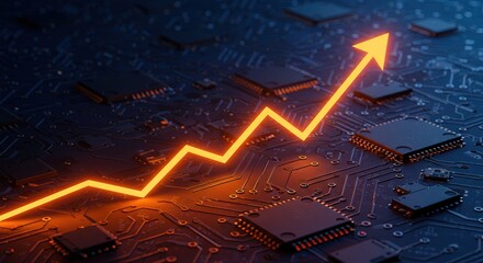 Glowing orange arrow signifies growth on a circuit board. Microchips and technological advancements are depicted, illustrating progress and innovation in the tech sector.