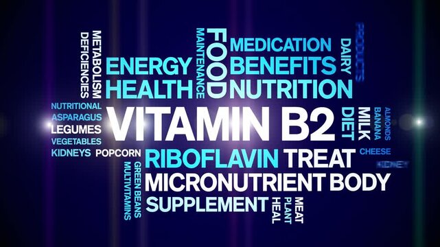 Vitamin B2 animated word cloud;text design animation tag kinetic typography seamless loop.