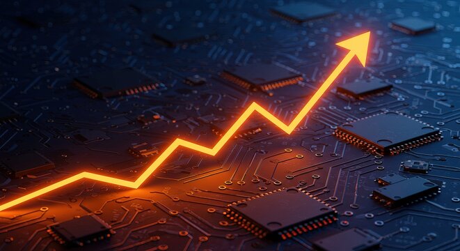 Glowing orange arrow signifies growth on a circuit board. Microchips and technological advancements are depicted, illustrating progress and innovation in the tech sector.