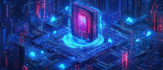 Glowing portal in digital city matrix, use for tech concepts, science, futuristic backgrounds, technology