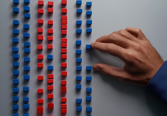 Hand arranging red and blue cubes in pattern representing social division or political polarization