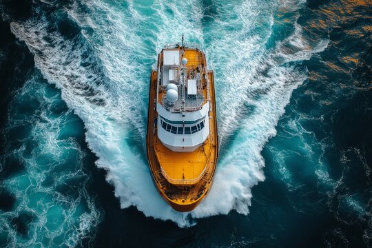 Offshore supply vessel navigating turbulent waters, generating dramatic v shaped wake under aerial drone perspective