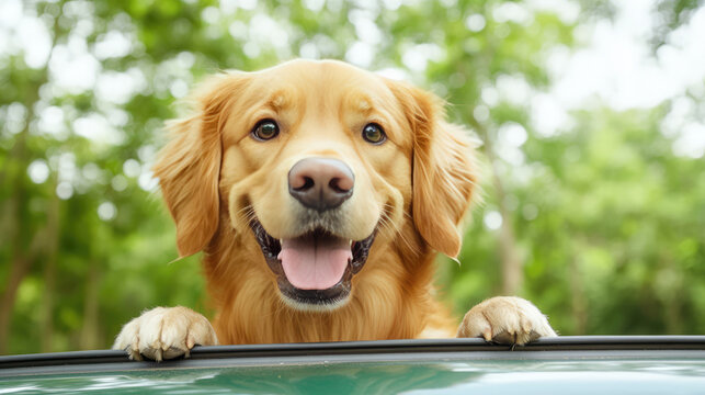 Happy golden retriever dog with joyful expression, peeking over car window in lush green outdoor setting