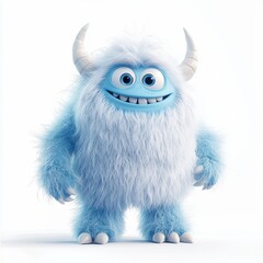 cute yeti with icy blue fur, tiny horns, and a playful expression, standing in a snowy landscape, isolated on white
