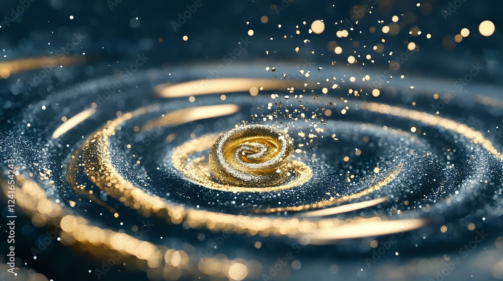 Poster magical golden spiral galaxy with glowing particles and stardust swirling in deep space, creating me
