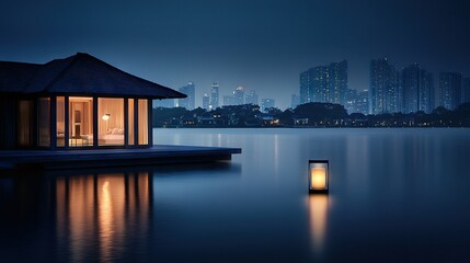   A gazebo surrounded by water at night, with a city skyline in the background