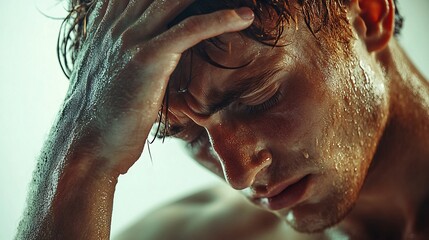 A man's face and arm covered in sweat.