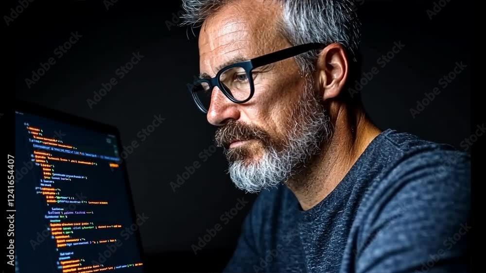 Poster code concentration: a focused, mature programmer, with a grey beard, intently stares at a screen fil