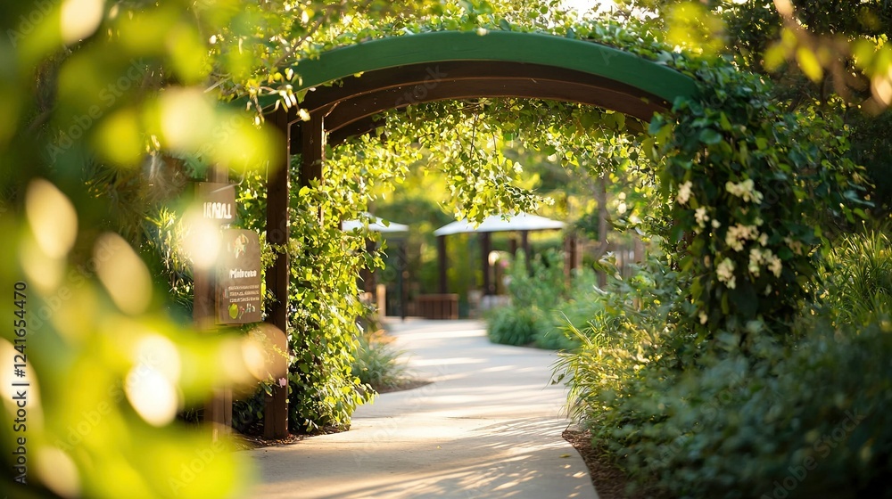 Poster   A path through the park, flanked by trees and bushes on either side, leads to a gazebo