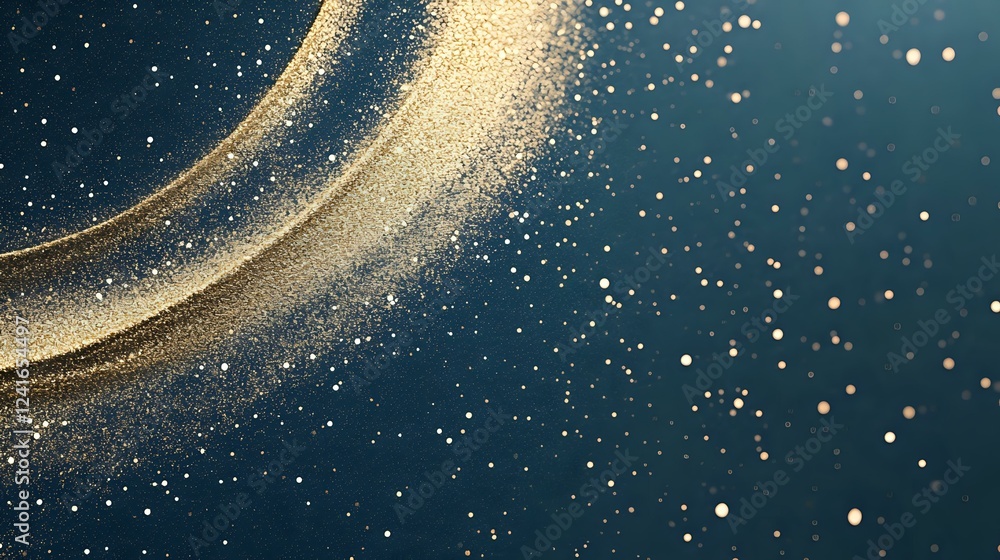 Poster magical golden glowing curves with sparkling particles on dark blue background. elegant abstract des