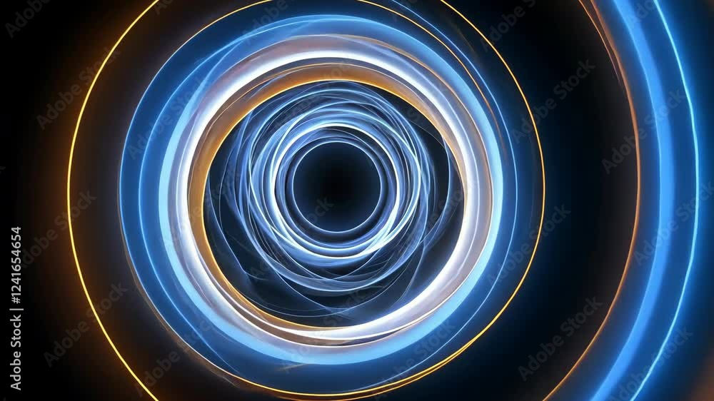 Poster mesmerizing abstract vdo featuring concentric circles of blue and orange light creating hypnotic spi