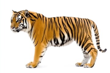 Obraz premium A striking tiger stands proudly, its strong body poised on a bright white backdrop while it gazes intently into the distance