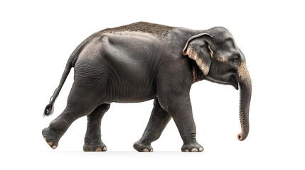 Fototapeta premium Side view of a walking Asian elephant against a white background