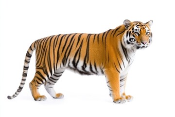 Fototapeta premium A powerful tiger stands tall against a white backdrop, its intense gaze fixed on the distance, showcasing its majesty