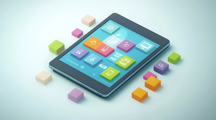 A tablet with a colorful screen and a bunch of blocks on it