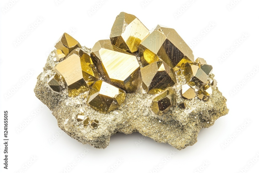 Poster close-up view of a cluster of gold crystals on a white surface