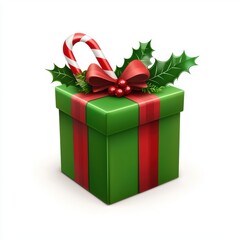 Obraz premium festive holiday gift box with green and red wrapping, decorated with a candy cane and holly leaves, isolated on white