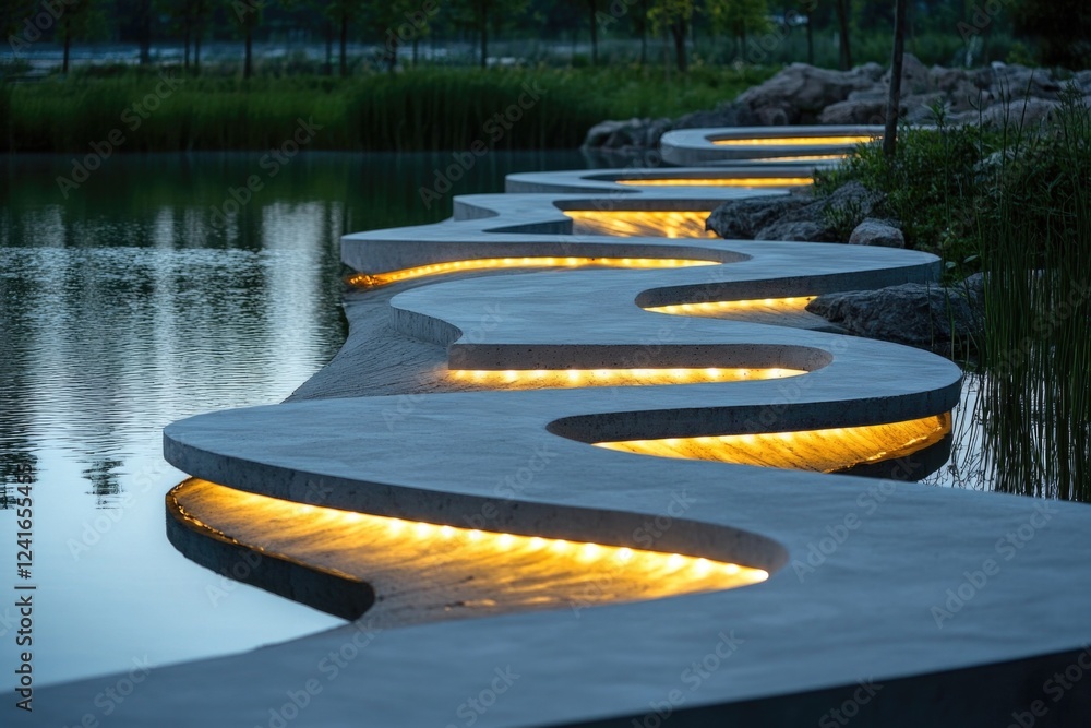 Poster steps illuminated by lights at nighttime, suitable for use in architecture or urban planning illustr