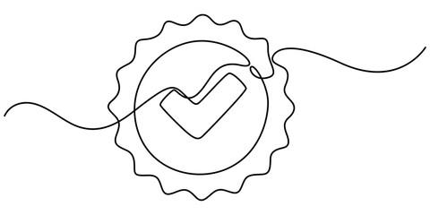 Fototapeta premium verify icon continuous one line drawing, BEST QUALITY LINE ICON, Quality Line Icon, One continuous line drawing check mark. Approved test correct right element concept design. Vector illustration.