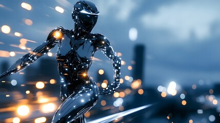 A futuristic chrome robot woman runs through a city at night, blurred lights streaking behind her.  She's sleek, powerful, and embodies advanced technology.