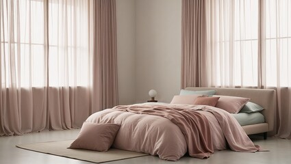 Cozy bedroom interior with soft pink bedding and curtains in a modern style
