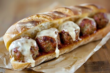 Juicy meatball sub sandwich with melted provolone cheese on toasted baguette, served on brown parchment paper, close-up food photography.