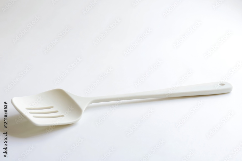 Poster a clean and simple image of a white spatula resting on a white background