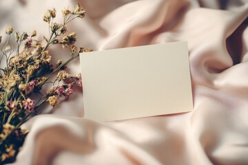 A blank card sitting next to a bouquet of flowers, perfect for personal or business use