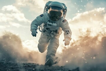 Astronaut starting to run. Mixed media.