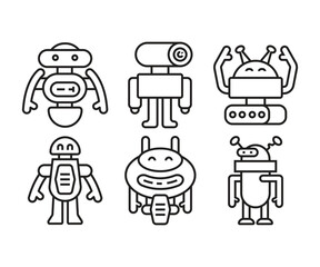 robot character icons set line illustration