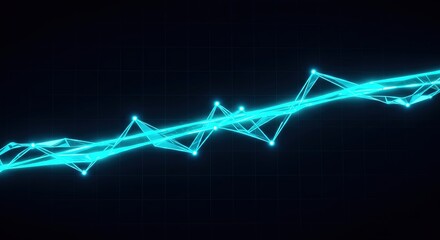 A vibrant cyan line graph ascends on a dark grid. Nodes illuminate the path, showcasing data points connected in a networklike structure. The style is modern and abstract.