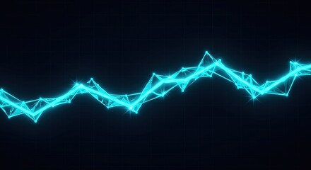 A glowing cyan polygonal line chart on a dark grid background. The abstract design visualizes data trends with interconnected nodes and vibrant lines.
