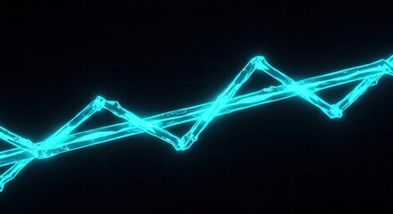 Glowing cyan lines form an upward trending graph on a dark grid background. The lines are fragmented, creating a dynamic, abstract visual representation of growth.