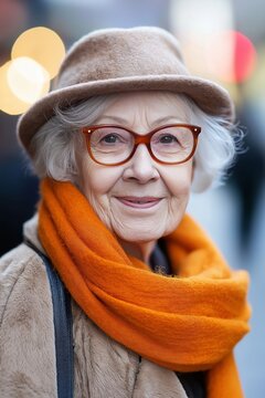A smiling elderly woman wears a cozy orange scarf and a chic hat against a blurred background.
