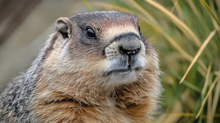 A close-up of a groundhog holding a plant, suitable for use as a symbol or mascot