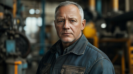 Fototapeta premium Skilled mechanic standing confidently in workshop with industrial machinery