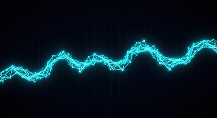 A dynamic, glowing cyan line graph. Nodes connect, forming a fluctuating data visualization on a dark grid background. Abstract and technological.