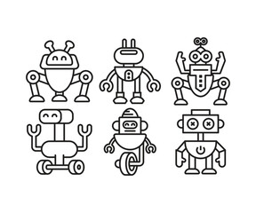 robot character line icons set