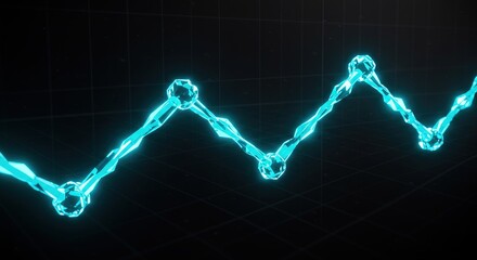 A vibrant turquoise, crystalline graph line ascends and descends on a dark grid background. Nodes are represented by glowing spheres. The image suggests data growth and market trends.