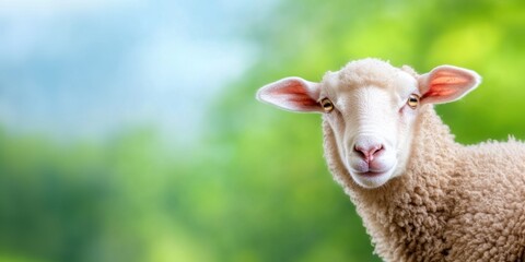 Fototapeta premium A golden-brown sheep stands gracefully against a vibrant green and yellow backdrop