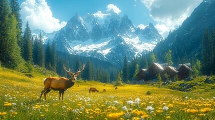 Serene Alpine Meadow: Tranquil Scene of Deer Grazing in Nature's Splendor