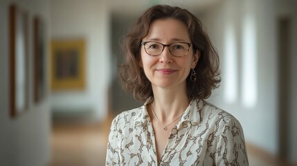 Woman smiles museum hallway portrait professional