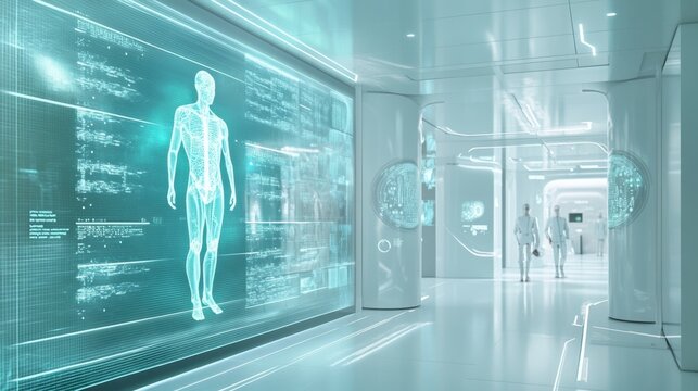 A medium closeup perspective of a patients medical scan displayed on a digital screen with overlays of 3Drendered biofabricated . This visualization connects the innovative technology