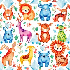 Naklejka premium Enchanted Watercolor Beasts Adorned in Geometric Tapestries