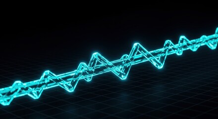 Glowing teal, zigzagging lines on a dark grid background. Abstract representation of data flow or energy. Futuristic, digital, technology concept.